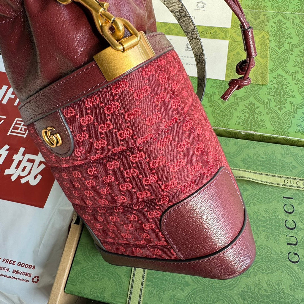 GUCCI BUCKET BAG 18 IN BURGUNDY RED CANVAS AND CALFSKIN GOLD HARDWARE