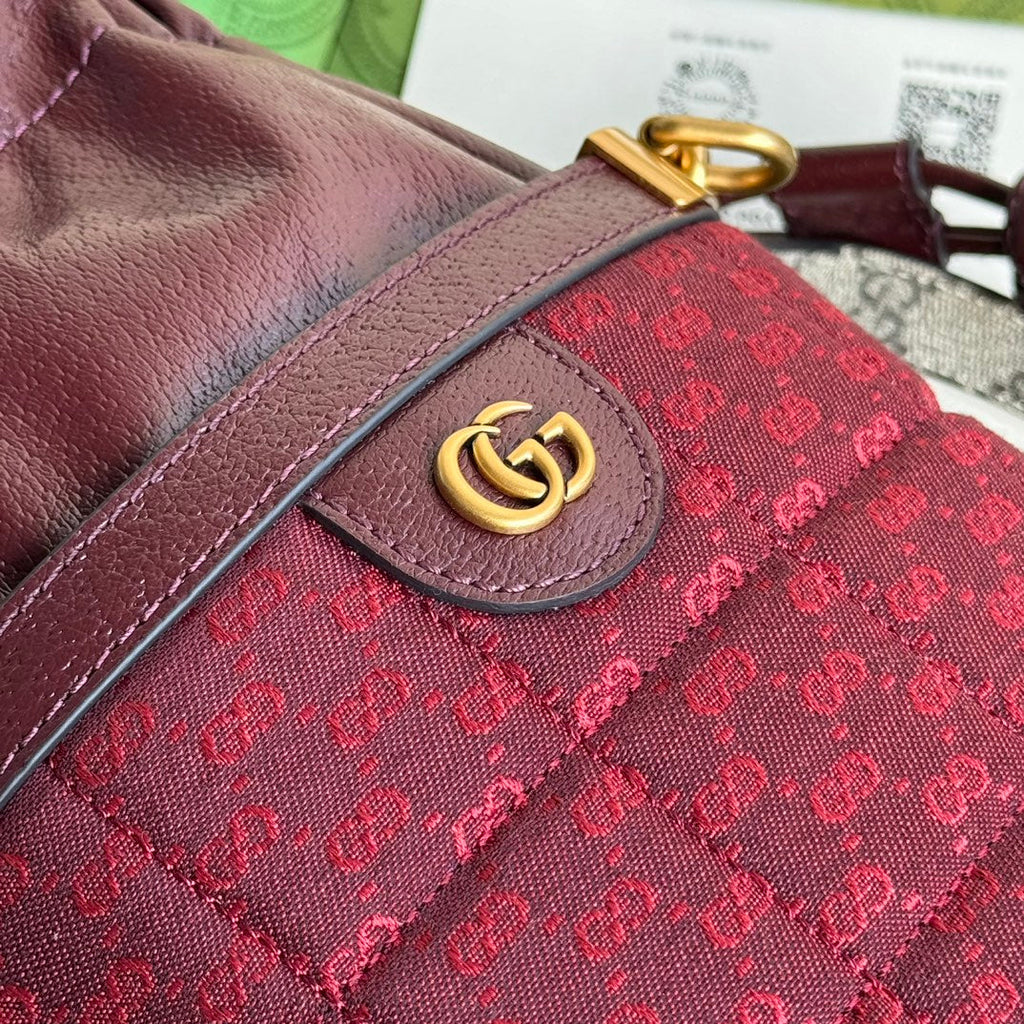 GUCCI BUCKET BAG 18 IN BURGUNDY RED CANVAS AND CALFSKIN GOLD HARDWARE