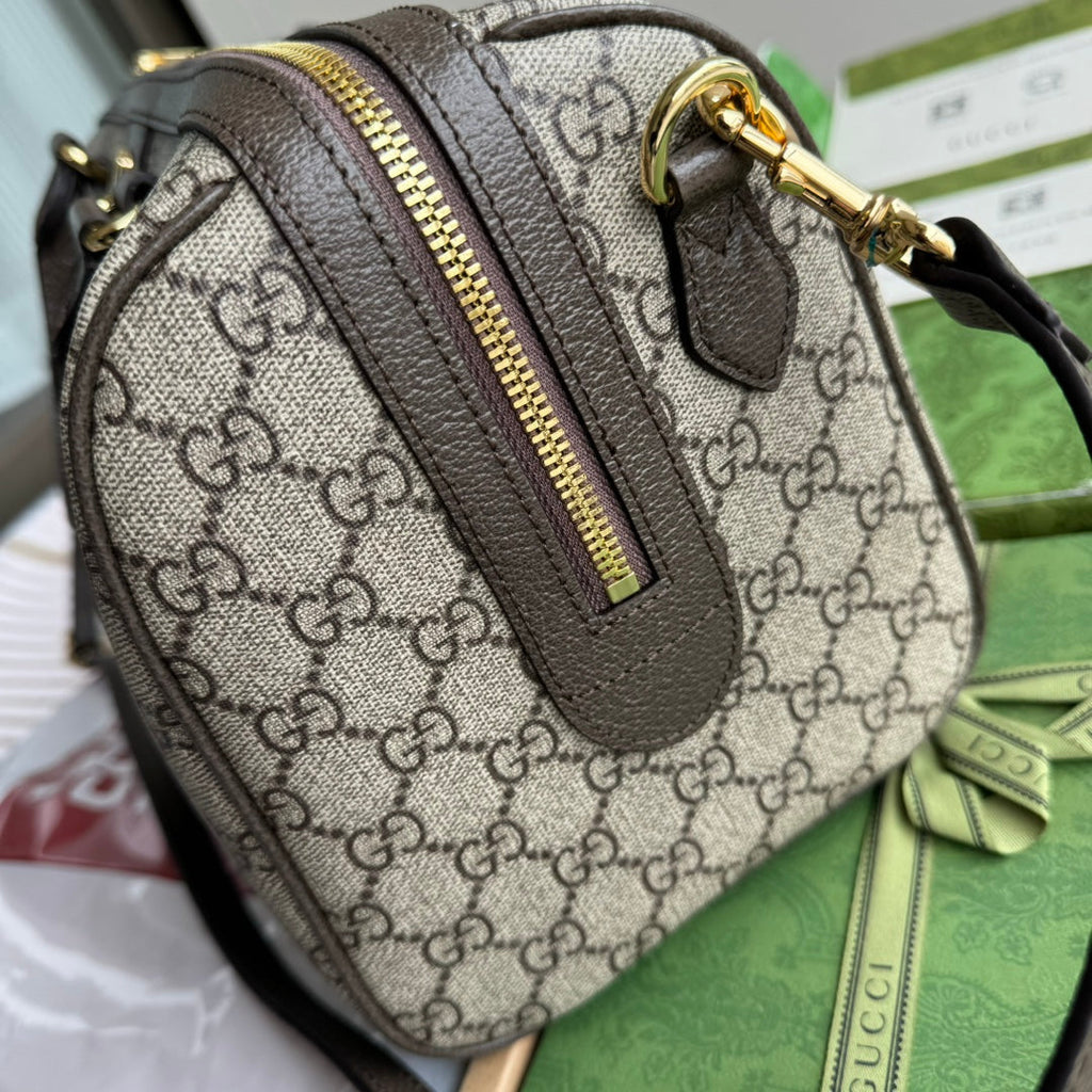 GUCCI OPHIDIA LARGE BOSTON BAG 31 IN BEIGE EBONY  BROWN CALFSKIN TRIM