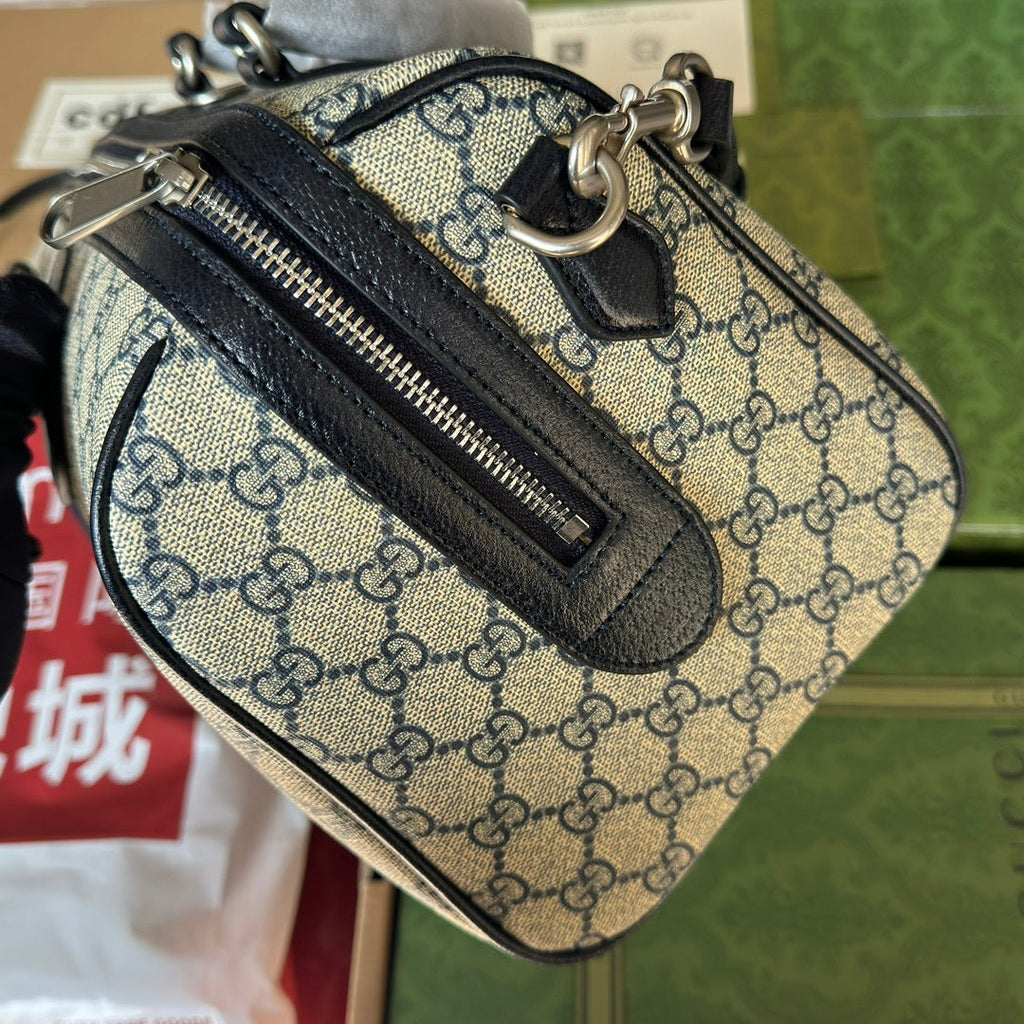 GUCCI OPHIDIA LARGE BOSTON BAG 31 IN BEIGE AND BLUE  CALFSKIN