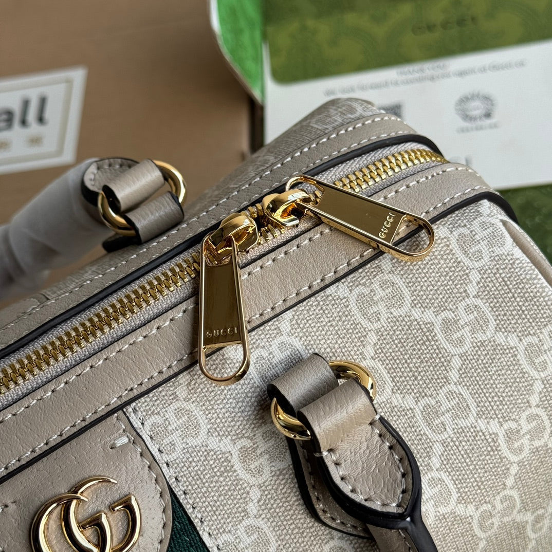 GUCCI OPHIDIA SMALL TOP HANDLE BAG 26 IN BEIGE WHITE CANVAS AND OAT CALFSKIN TRIM GOLD HARDWARE