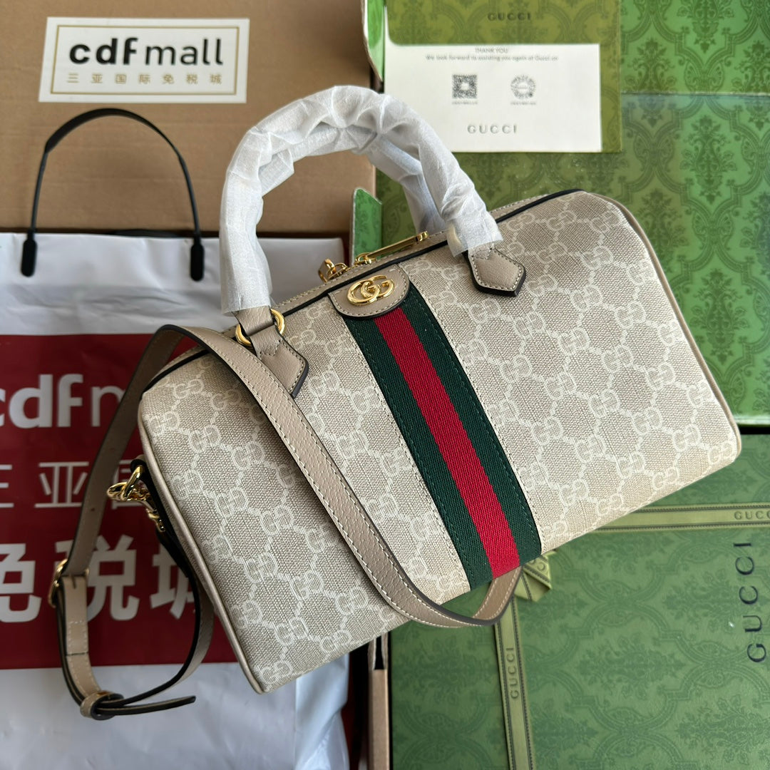 GUCCI OPHIDIA SMALL TOP HANDLE BAG 26 IN BEIGE WHITE CANVAS AND OAT CALFSKIN TRIM GOLD HARDWARE