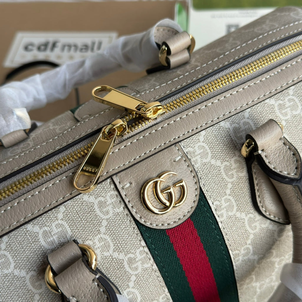 GUCCI OPHIDIA MEDIUM TOP HANDLE BAG 31 IN BEIGE WHITE CANVAS AND OAT CALFSKIN TRIM GOLD HARDWARE