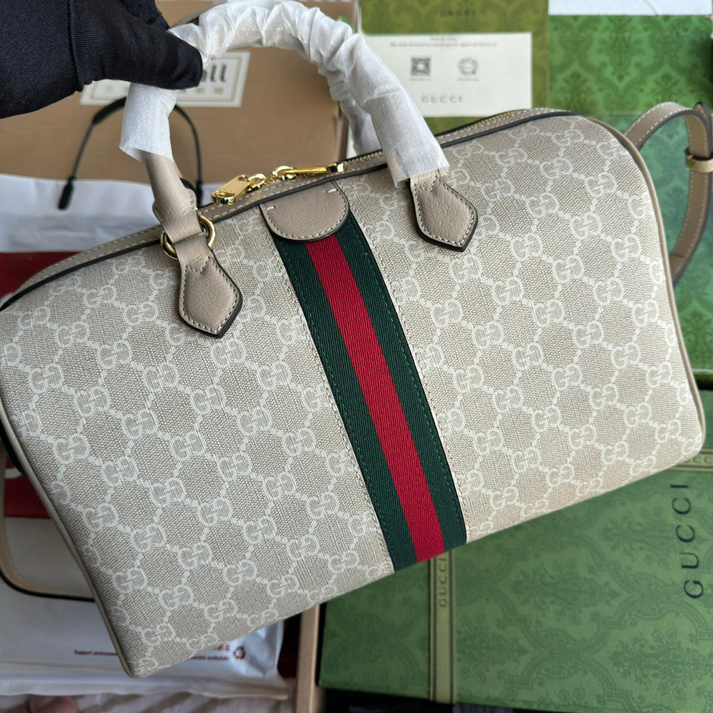 GUCCI OPHIDIA MEDIUM TOP HANDLE BAG 31 IN BEIGE WHITE CANVAS AND OAT CALFSKIN TRIM GOLD HARDWARE