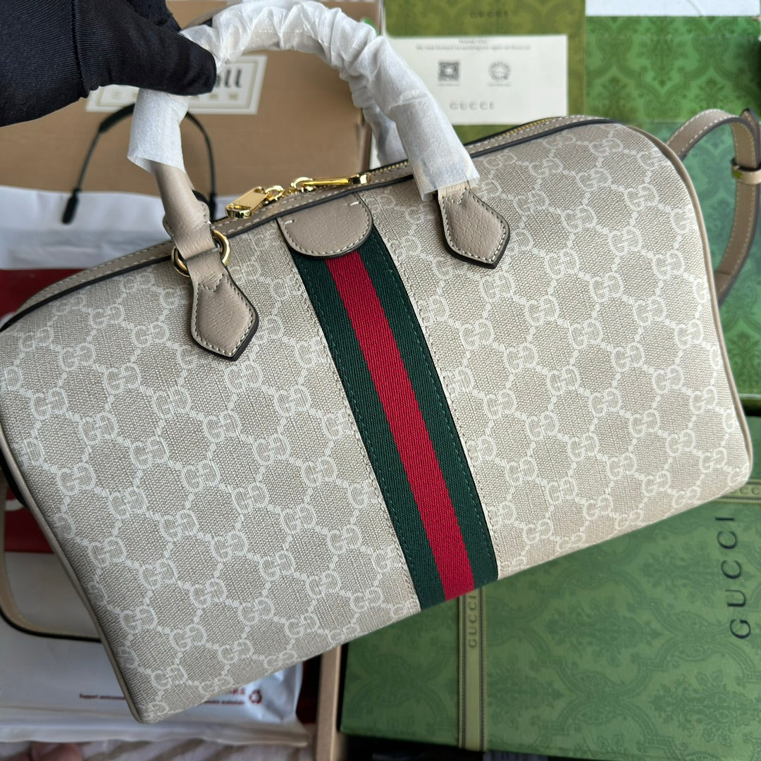 GUCCI OPHIDIA MEDIUM TOP HANDLE BAG 31 IN BEIGE WHITE CANVAS AND OAT CALFSKIN TRIM GOLD HARDWARE
