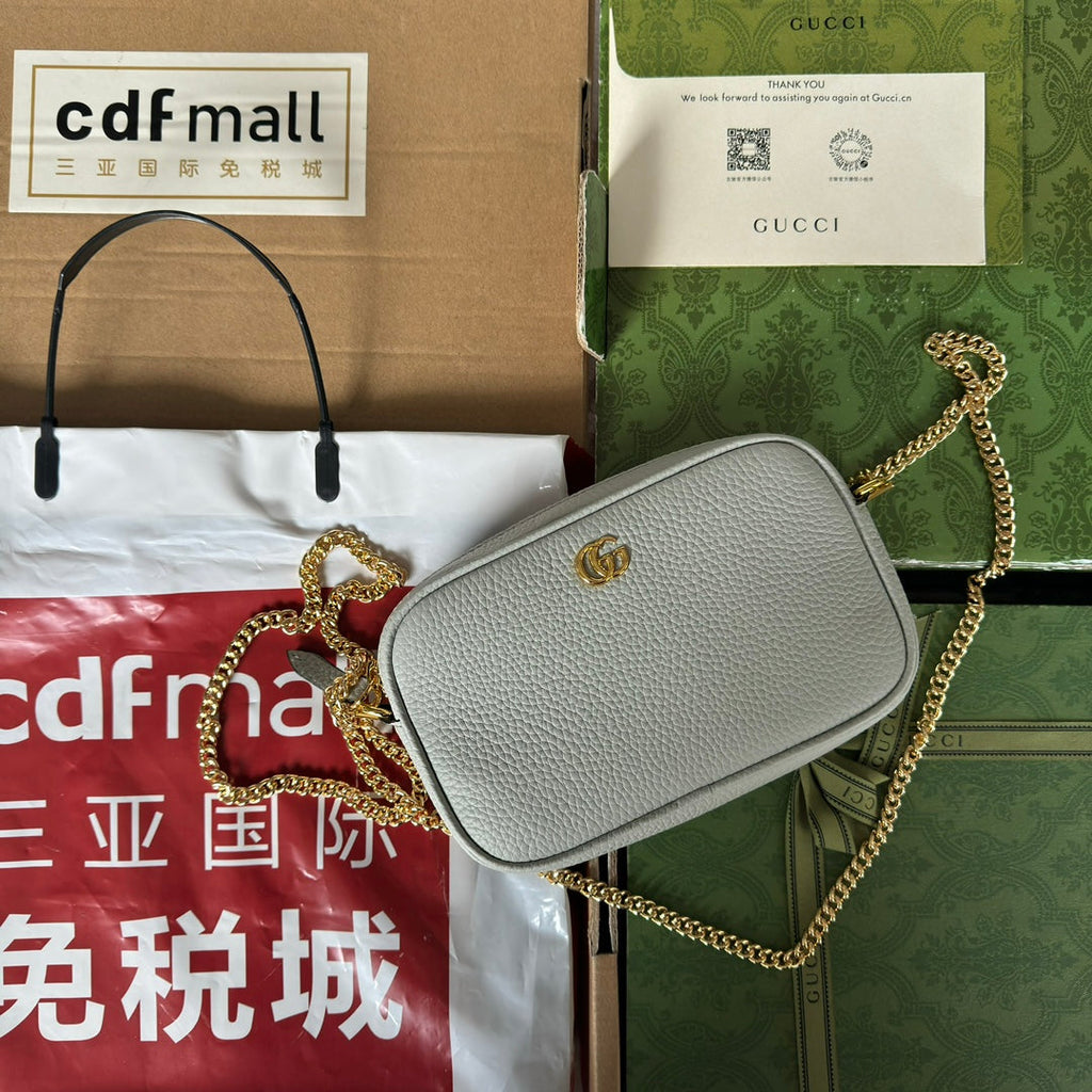 GUCCI MARMONT MINI SHOULDER BAG 18 IN LIGHT GRAY CALFSKIN GOLD HARDWARE