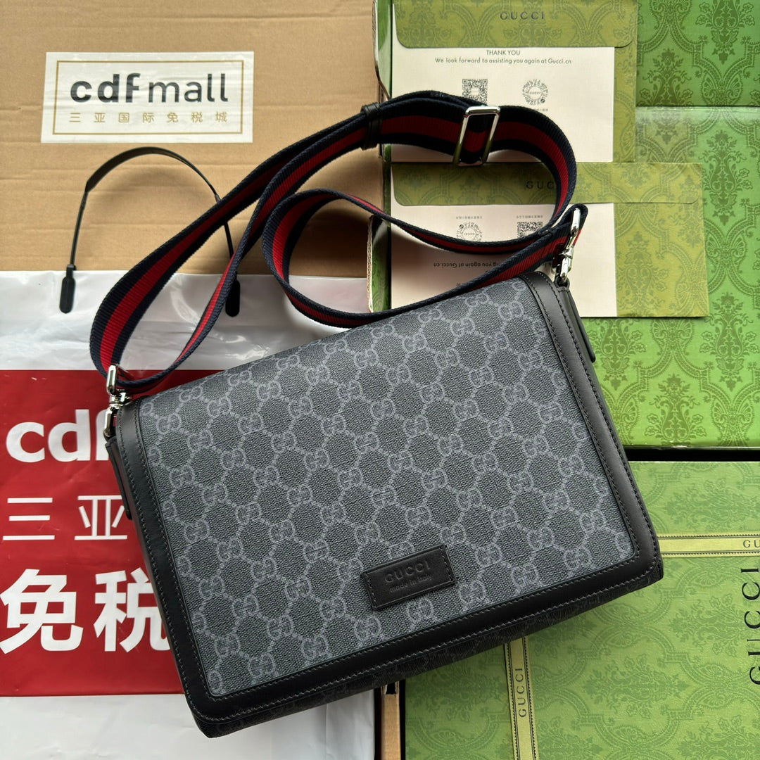 GUCCI OPHIDIA MEDIUM MESSENGER FLAP BAG 27 IN DARK GREY AND BLACK CALFSKIN