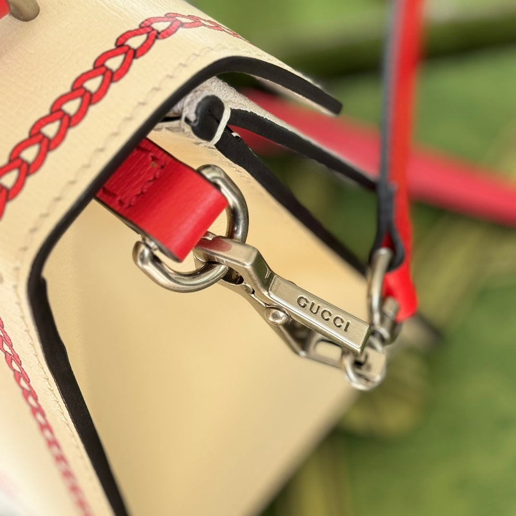 GUCCI DYONYSUS SMALL TOP HANDLE BAG 24 IN BEIGE MIX RED CALFSKIN DRAGON PRINT