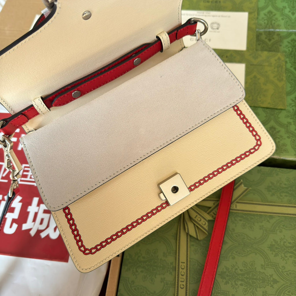 GUCCI DYONYSUS SMALL TOP HANDLE BAG 24 IN BEIGE MIX RED CALFSKIN DRAGON PRINT