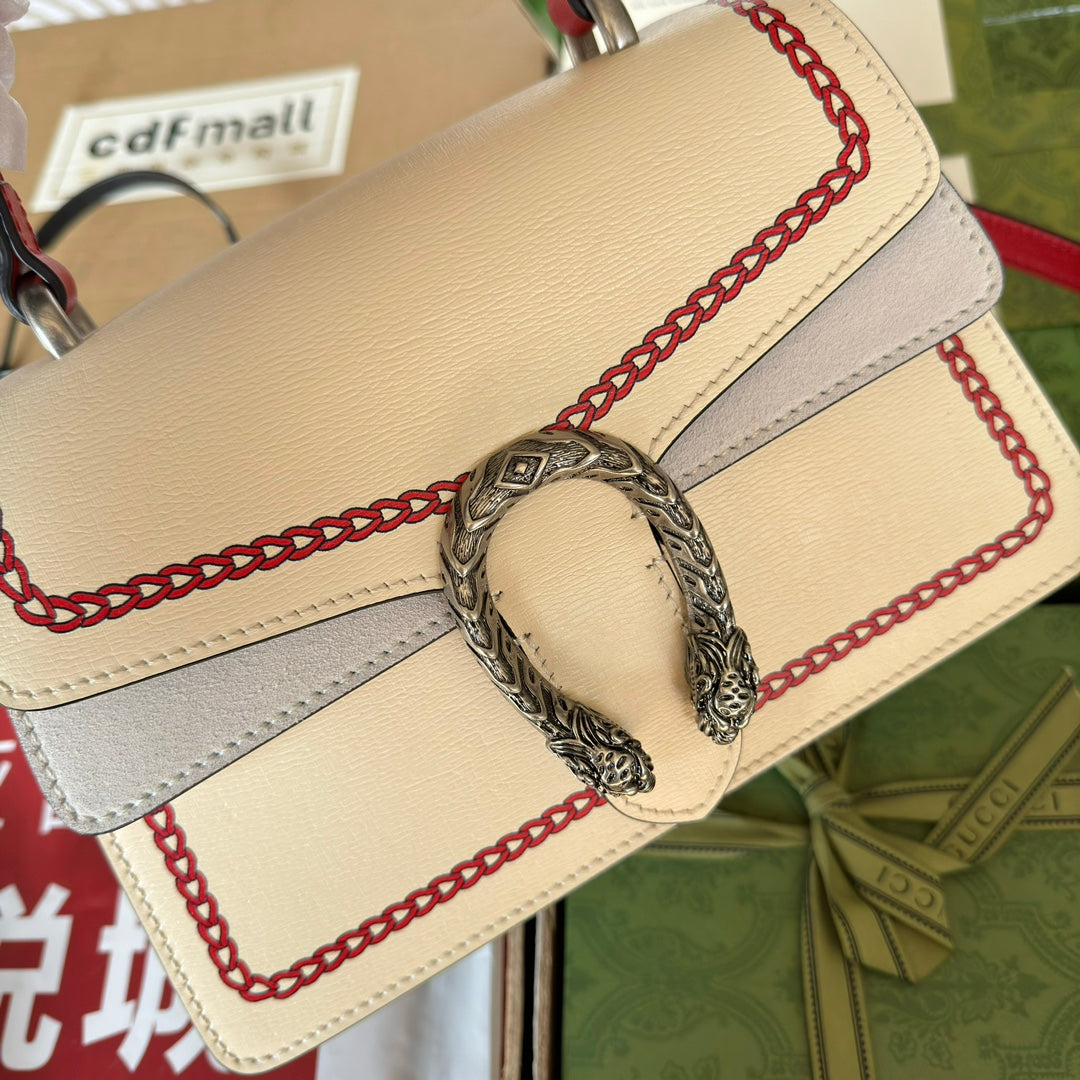 GUCCI DYONYSUS SMALL TOP HANDLE BAG 24 IN BEIGE MIX RED CALFSKIN DRAGON PRINT