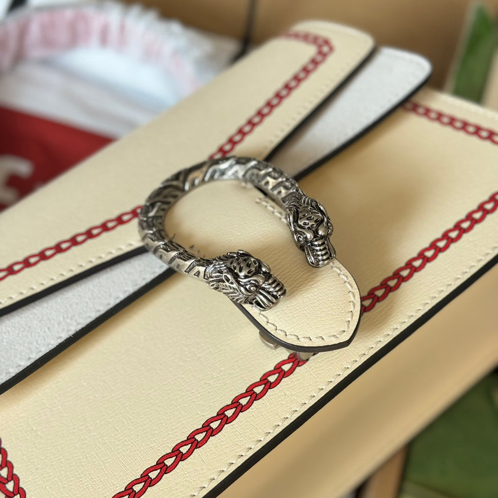 GUCCI DYONYSUS SMALL TOP HANDLE BAG 24 IN BEIGE MIX RED CALFSKIN DRAGON PRINT