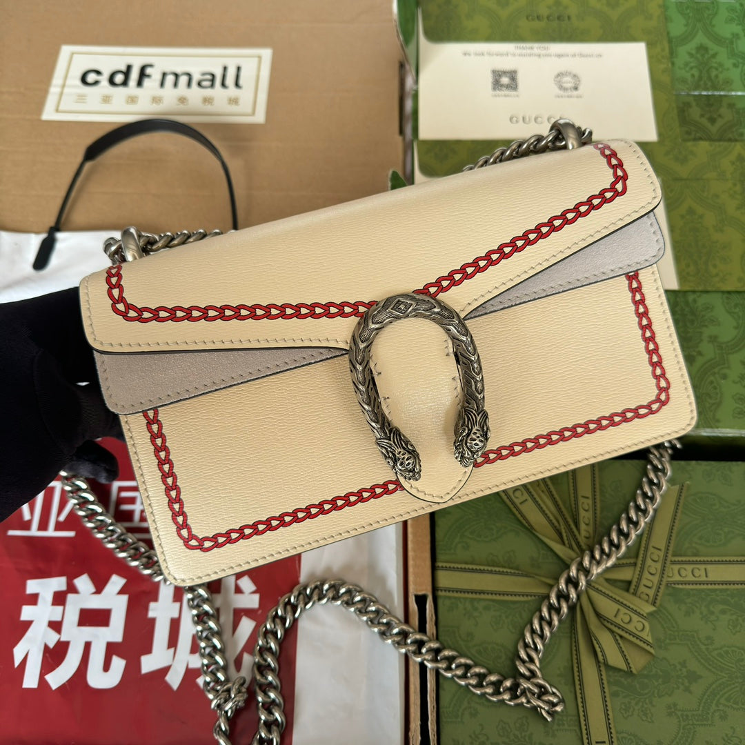 GUCCI DYONYSUS SMALL SHOULDER BAG 25 IN BEIGE MIX RED CALFSKIN DRAGON LOGO PRINT