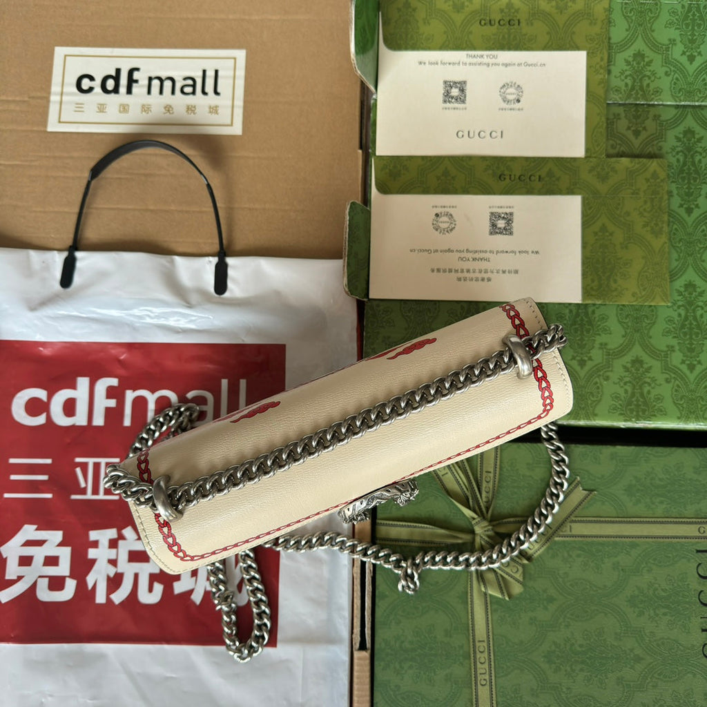 GUCCI DYONYSUS SMALL SHOULDER BAG 25 IN BEIGE MIX RED CALFSKIN DRAGON LOGO PRINT