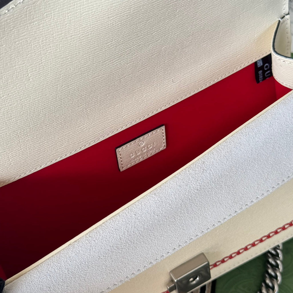 GUCCI DYONYSUS SMALL SHOULDER BAG 25 IN BEIGE MIX RED CALFSKIN DRAGON LOGO PRINT