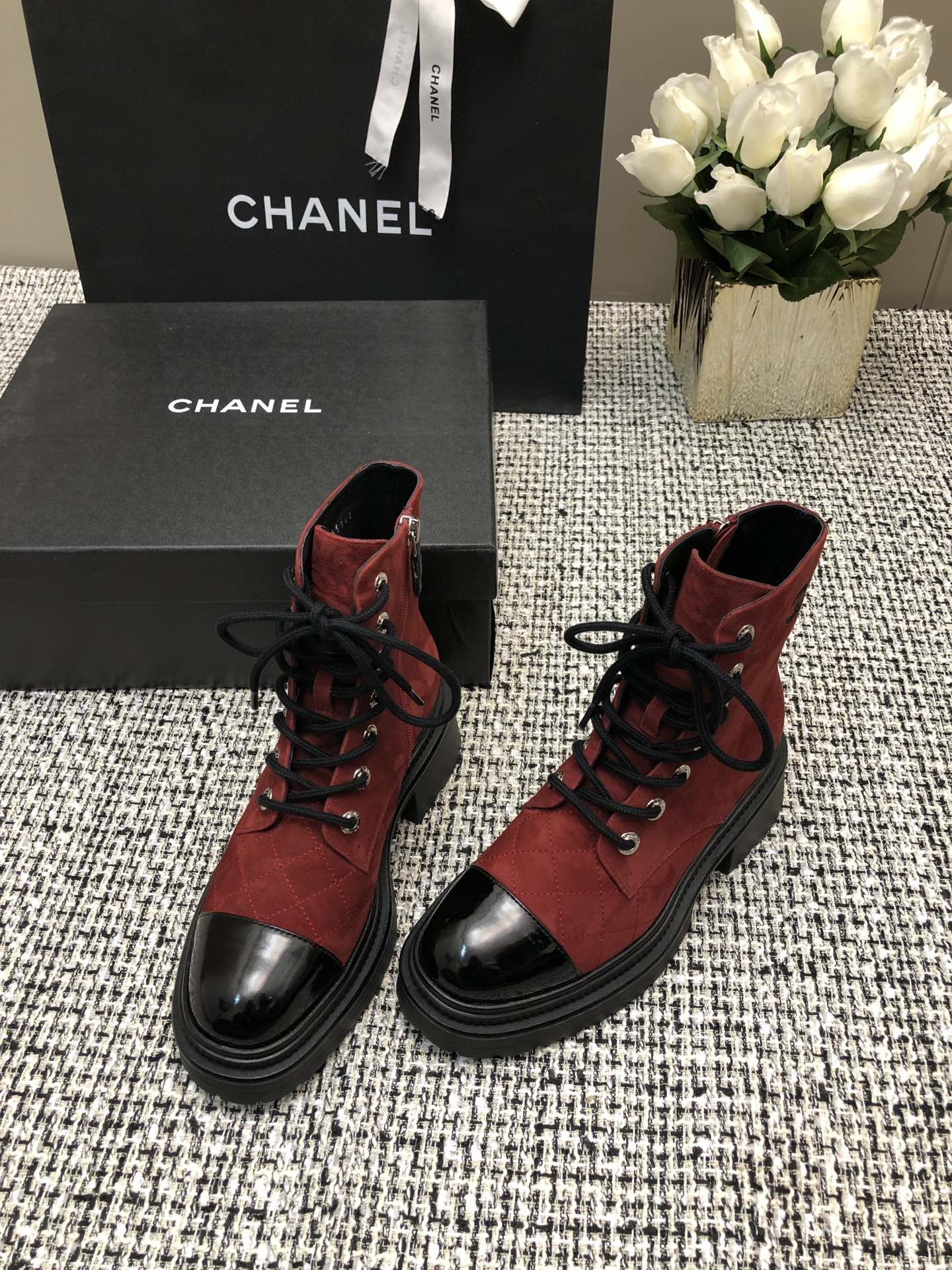 CHANEL SHORT BOOTS GARNET RED MIX BLACK SUEDE LAMBSKIN