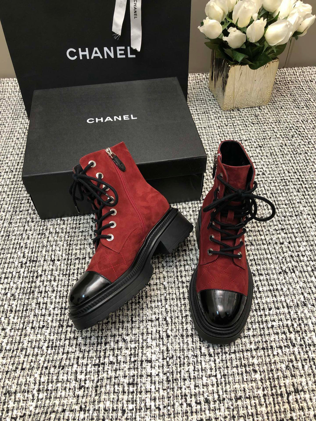 CHANEL SHORT BOOTS GARNET RED MIX BLACK SUEDE LAMBSKIN