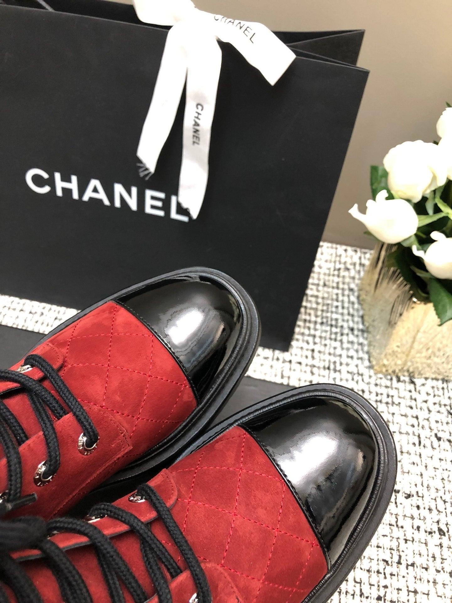 CHANEL SHORT BOOTS GARNET RED MIX BLACK SUEDE LAMBSKIN
