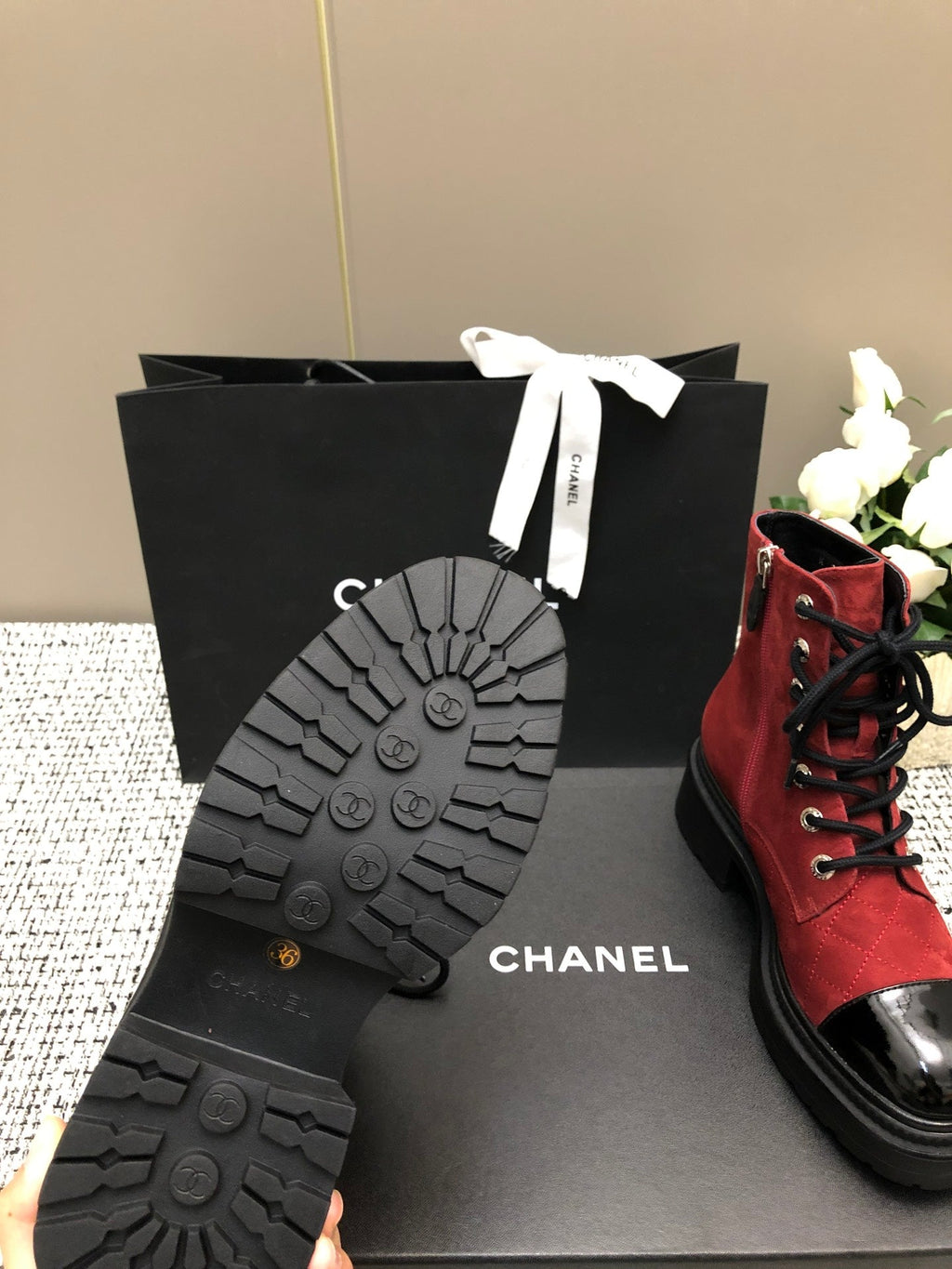 CHANEL SHORT BOOTS GARNET RED MIX BLACK SUEDE LAMBSKIN