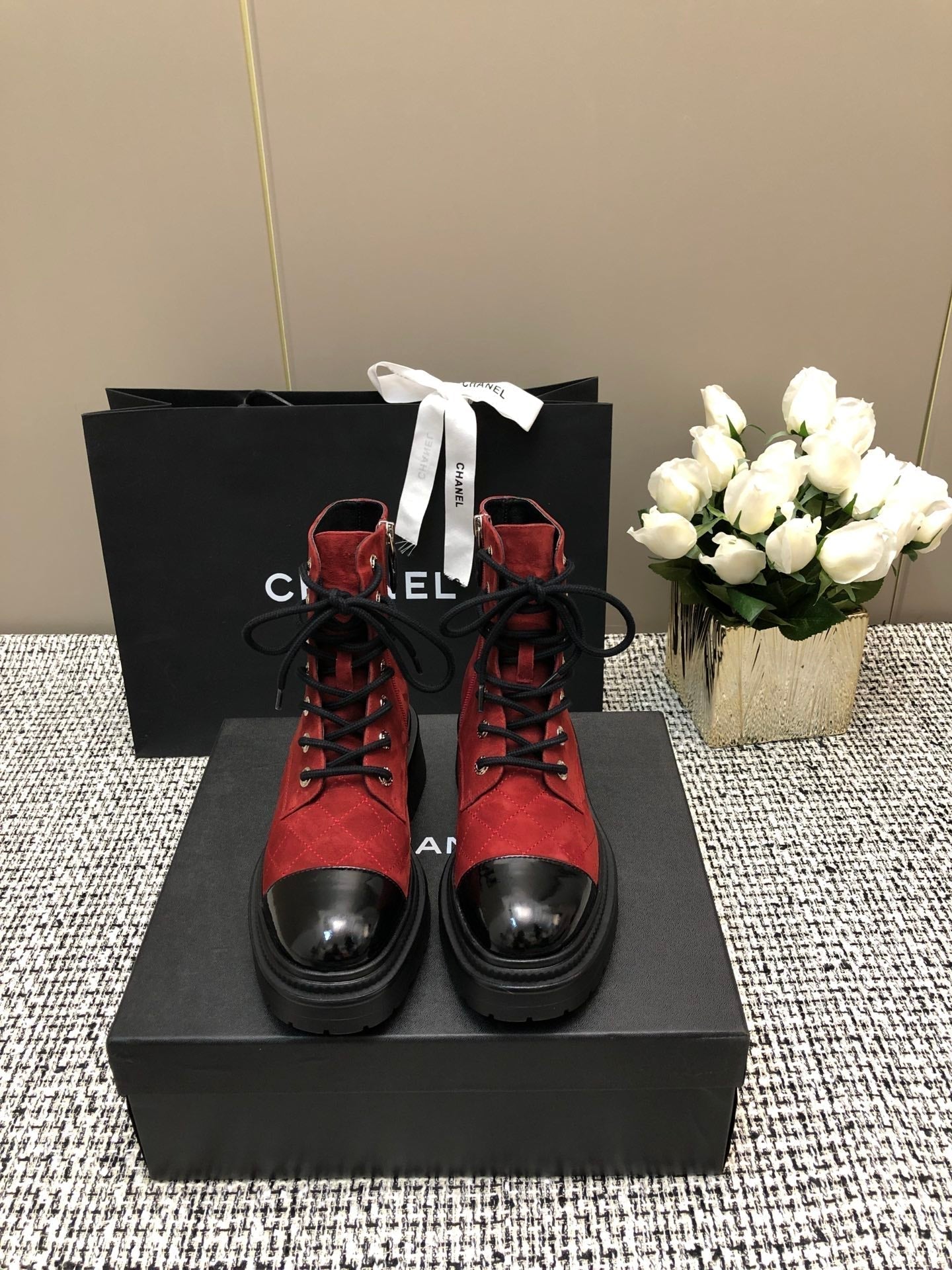 CHANEL SHORT BOOTS GARNET RED MIX BLACK SUEDE LAMBSKIN
