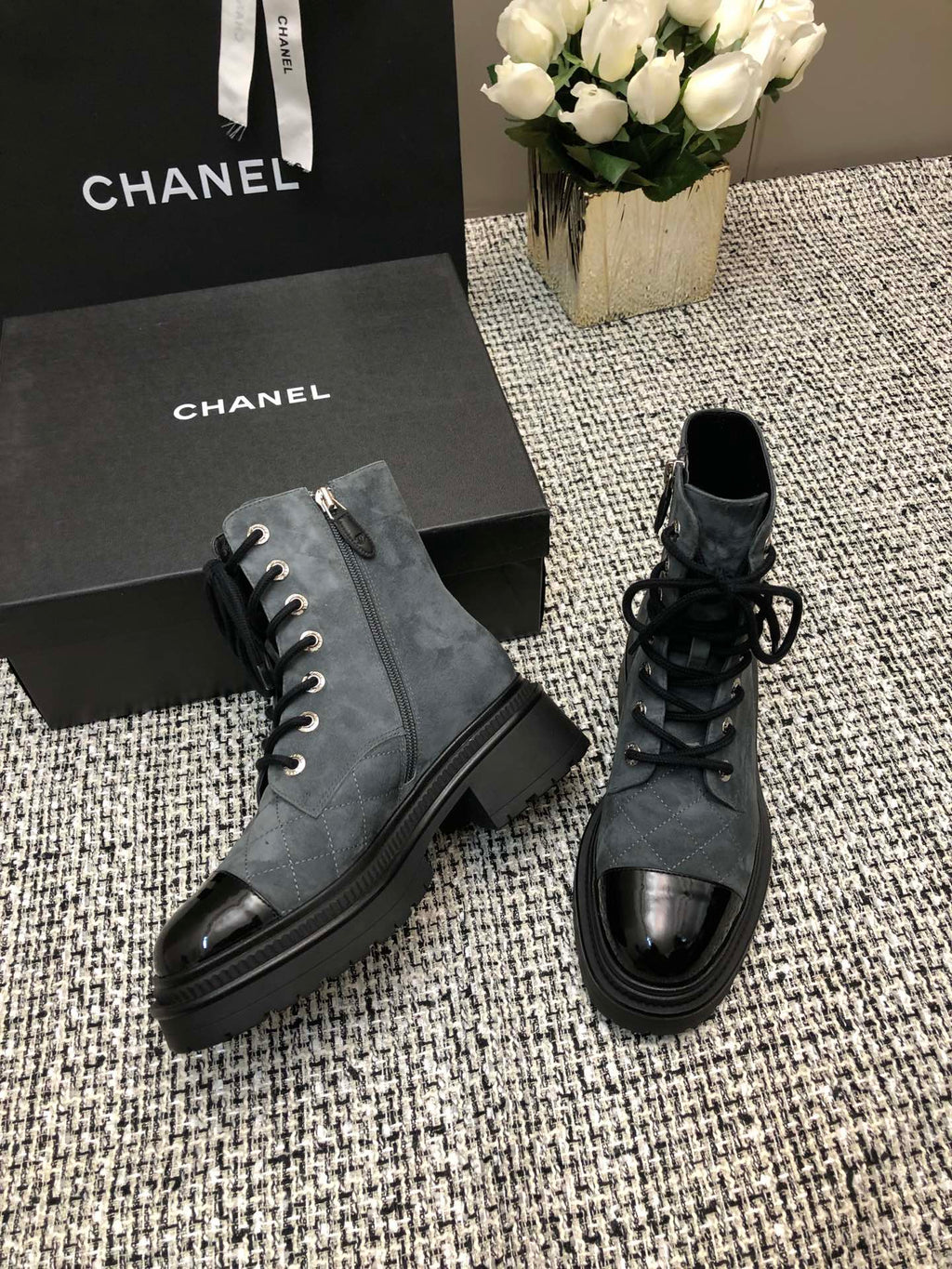 CHANEL SHORT BOOTS SLATE GREY SUEDE LAMBSKIN