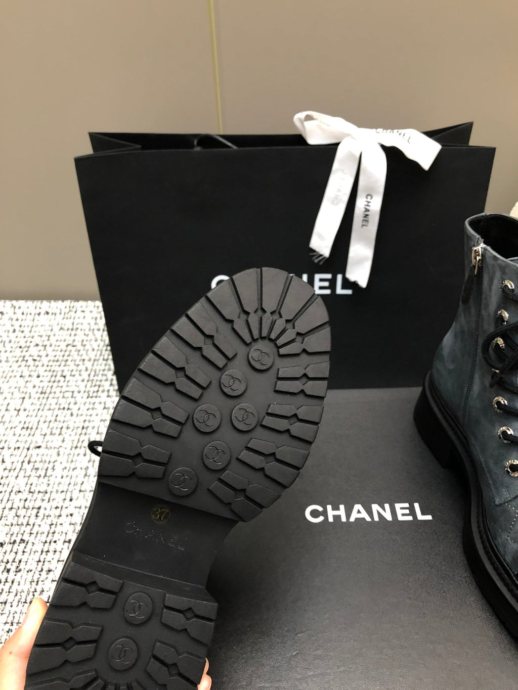 CHANEL SHORT BOOTS SLATE GREY SUEDE LAMBSKIN