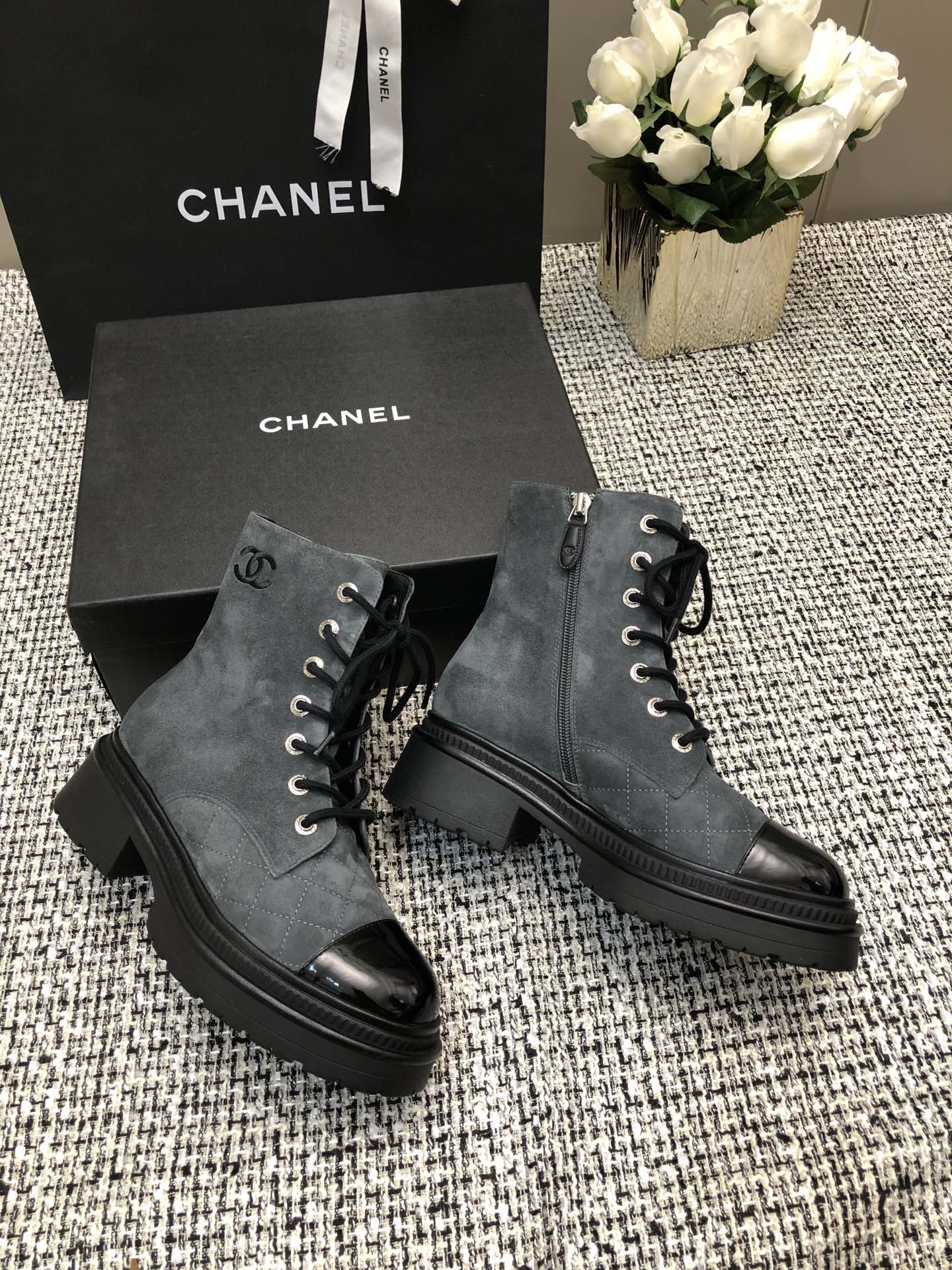 CHANEL SHORT BOOTS SLATE GREY SUEDE LAMBSKIN