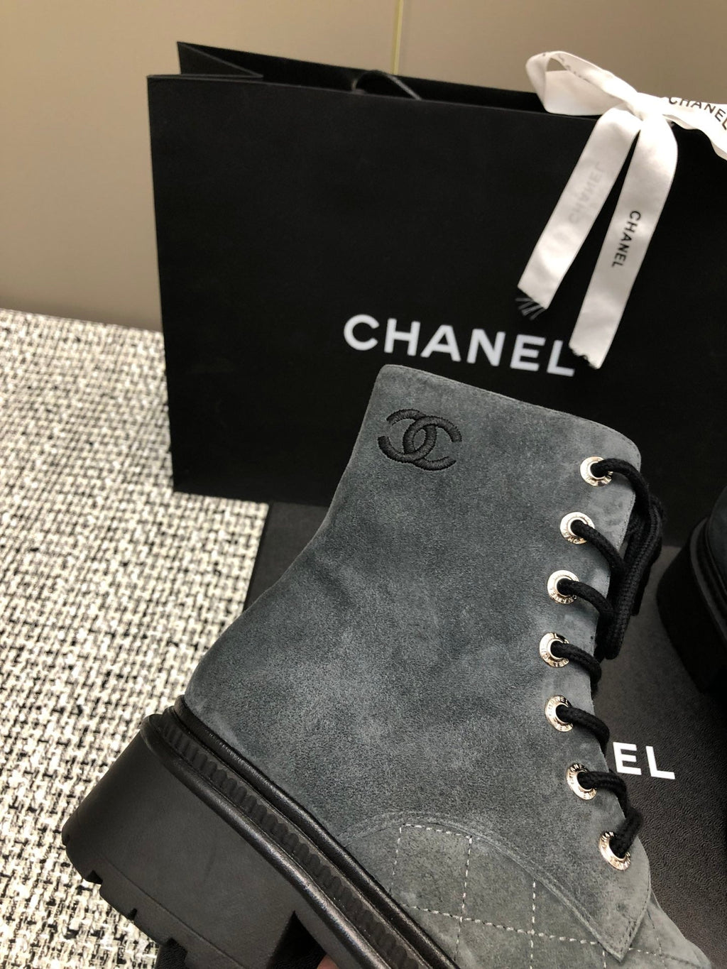 CHANEL SHORT BOOTS SLATE GREY SUEDE LAMBSKIN