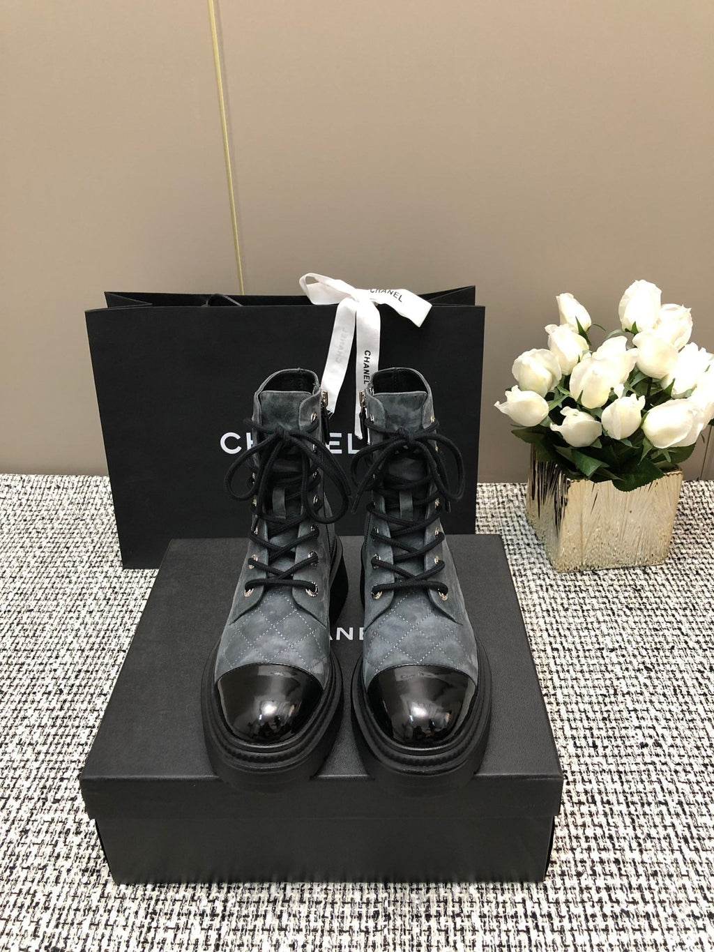 CHANEL SHORT BOOTS SLATE GREY SUEDE LAMBSKIN