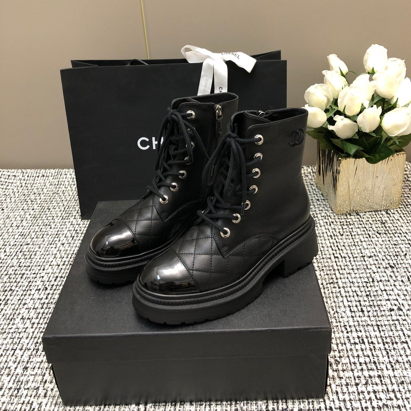 CHANEL SHORT BOOTS BLACK LAMBSKIN