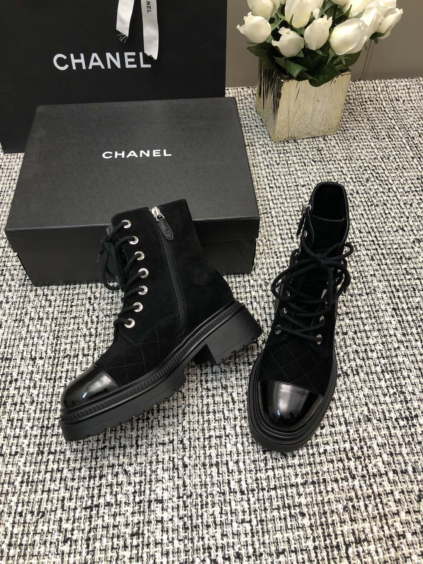 CHANEL SHORT BOOTS BLACK SUEDE LAMBSKIN