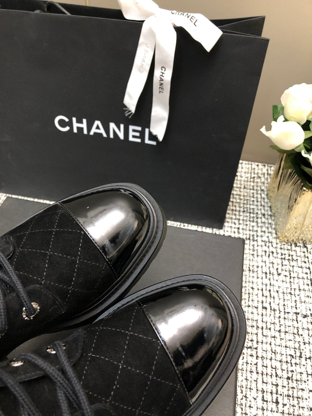 CHANEL SHORT BOOTS BLACK SUEDE LAMBSKIN