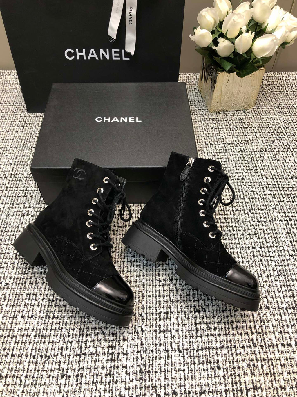 CHANEL SHORT BOOTS BLACK SUEDE LAMBSKIN