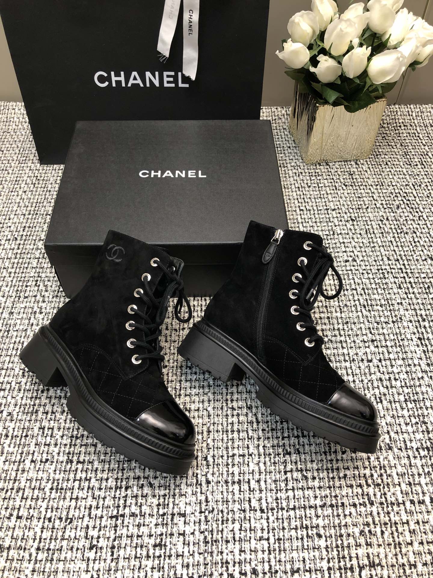CHANEL SHORT BOOTS BLACK SUEDE LAMBSKIN