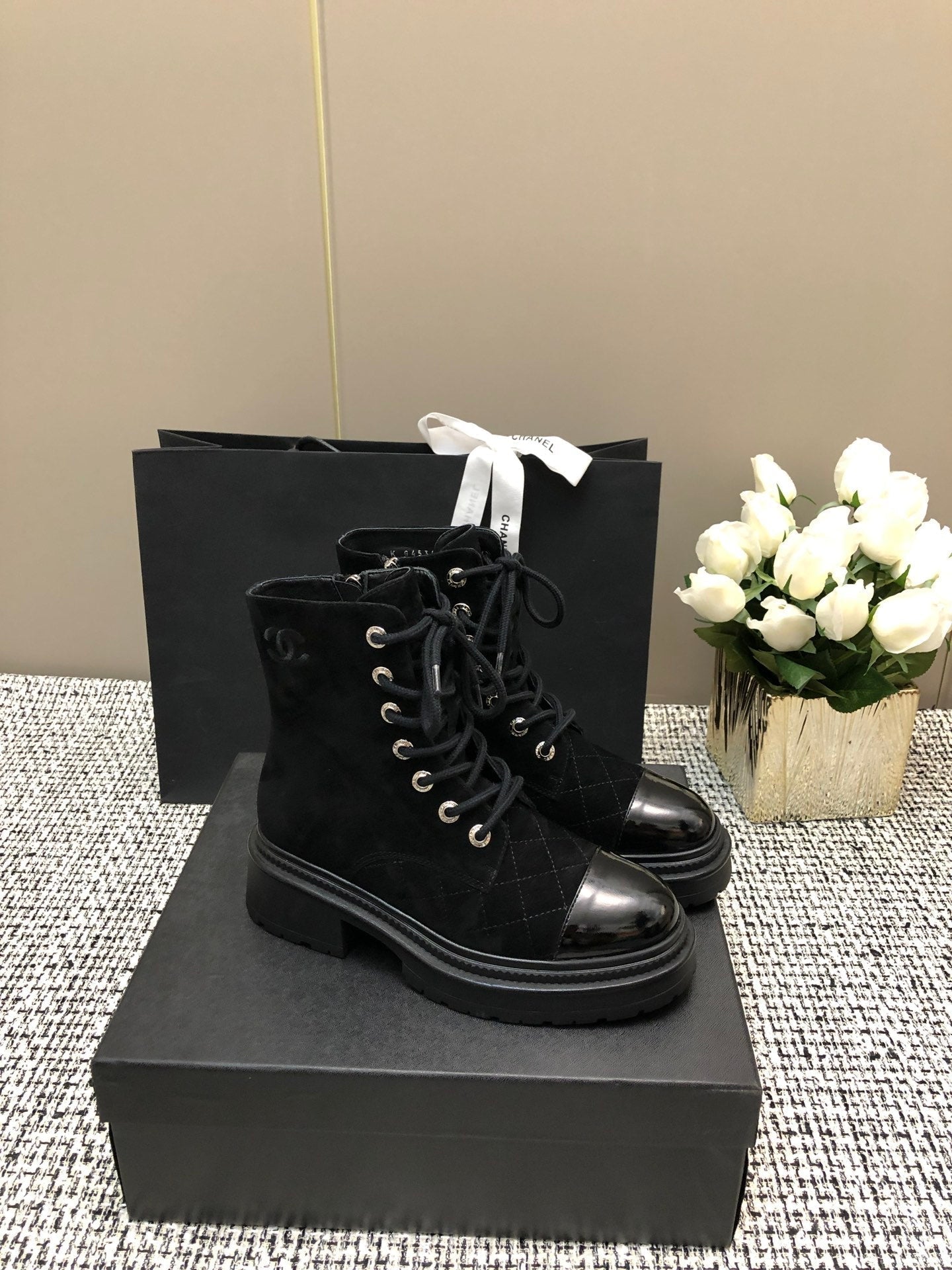 CHANEL SHORT BOOTS BLACK SUEDE LAMBSKIN
