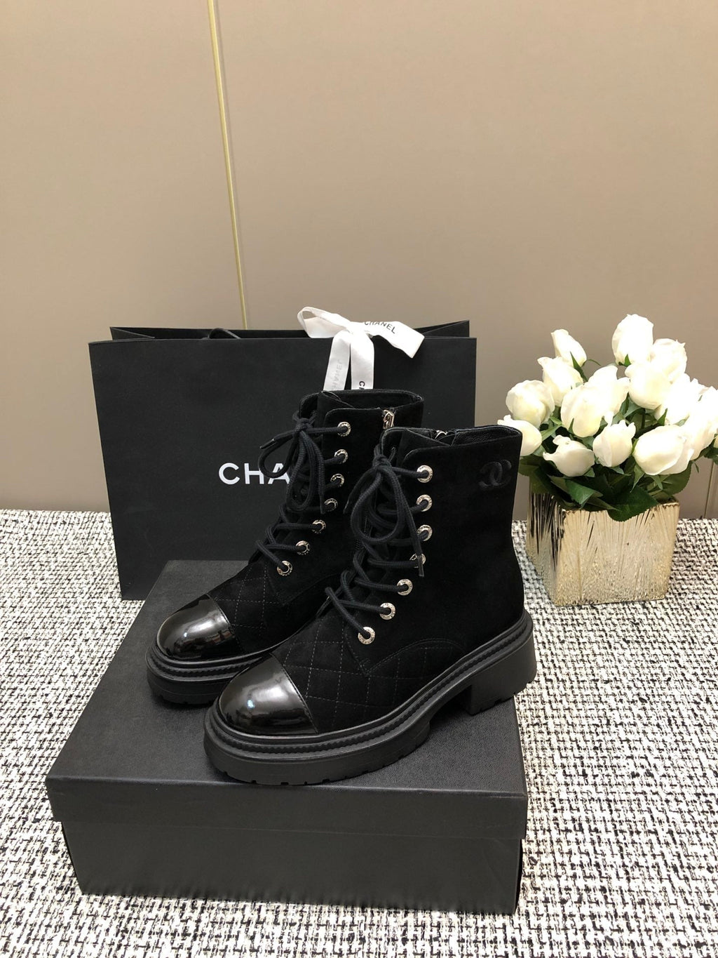 CHANEL SHORT BOOTS BLACK SUEDE LAMBSKIN