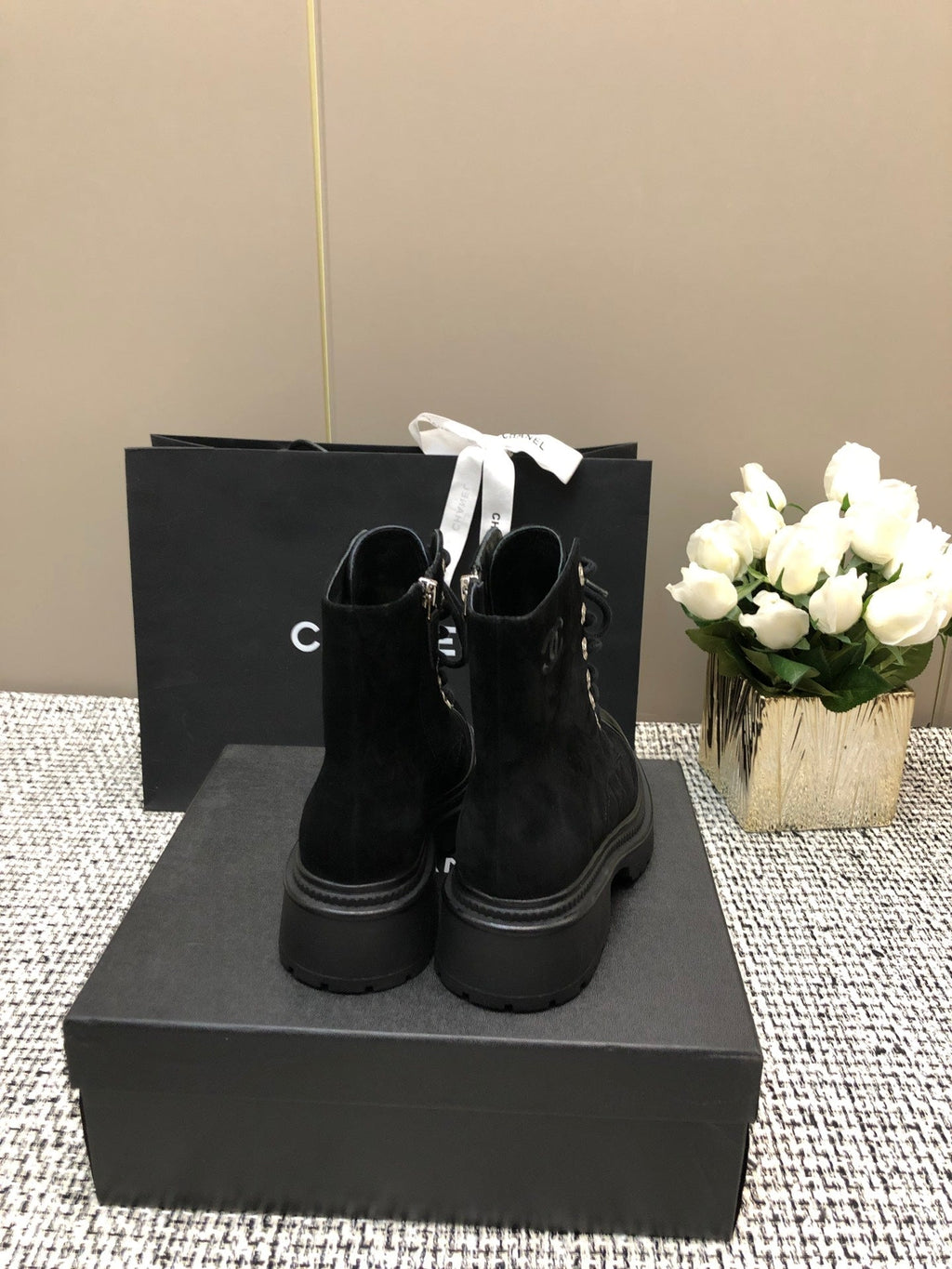 CHANEL SHORT BOOTS BLACK SUEDE LAMBSKIN