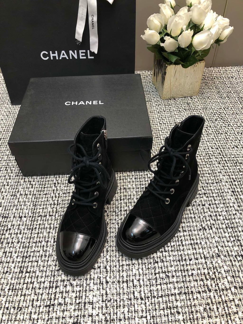 CHANEL SHORT BOOTS BLACK SUEDE LAMBSKIN