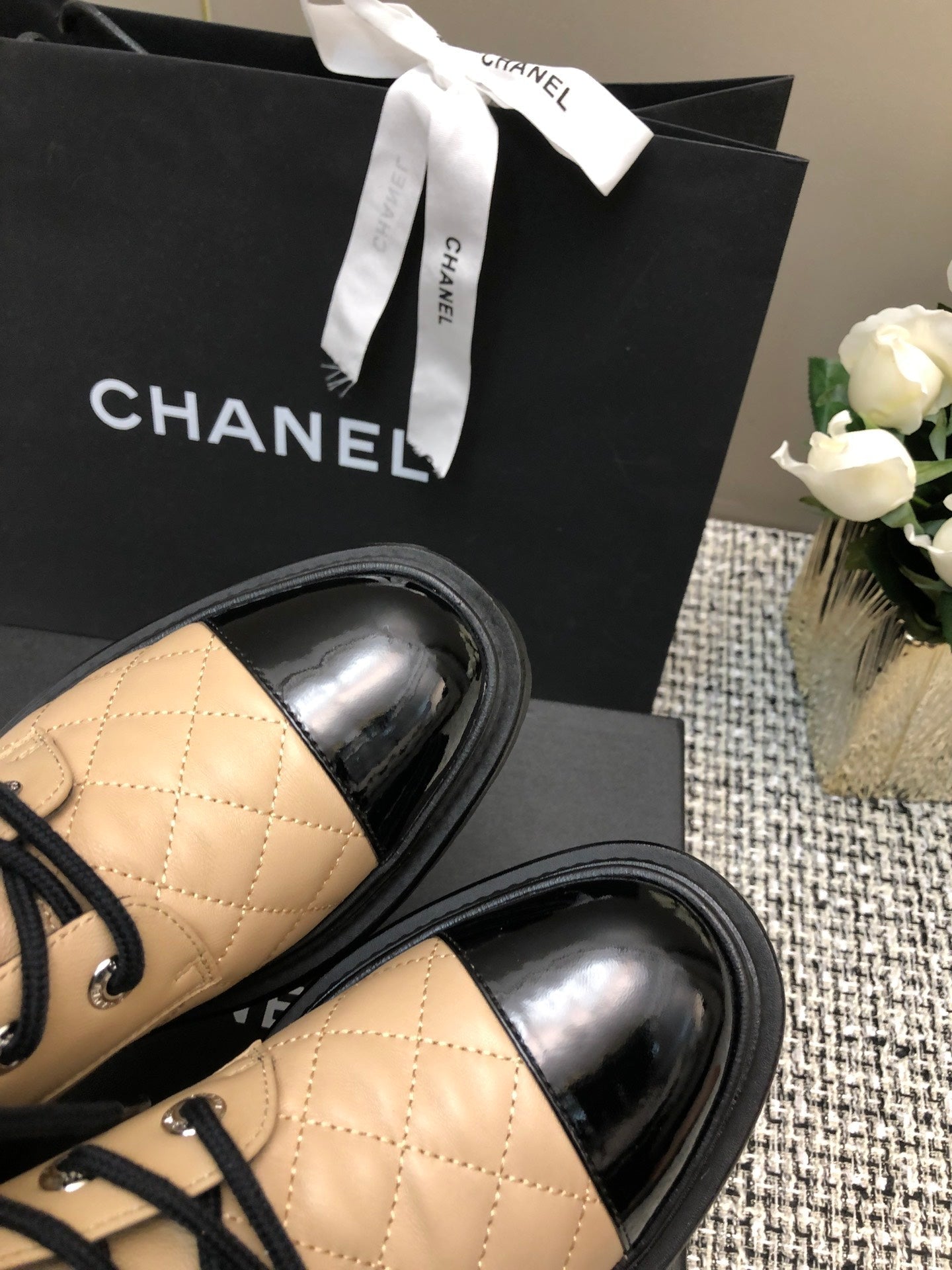 CHANEL SHORT BOOTS  BEIGE CREAM MIX BLACK SUEDE LAMBSKIN