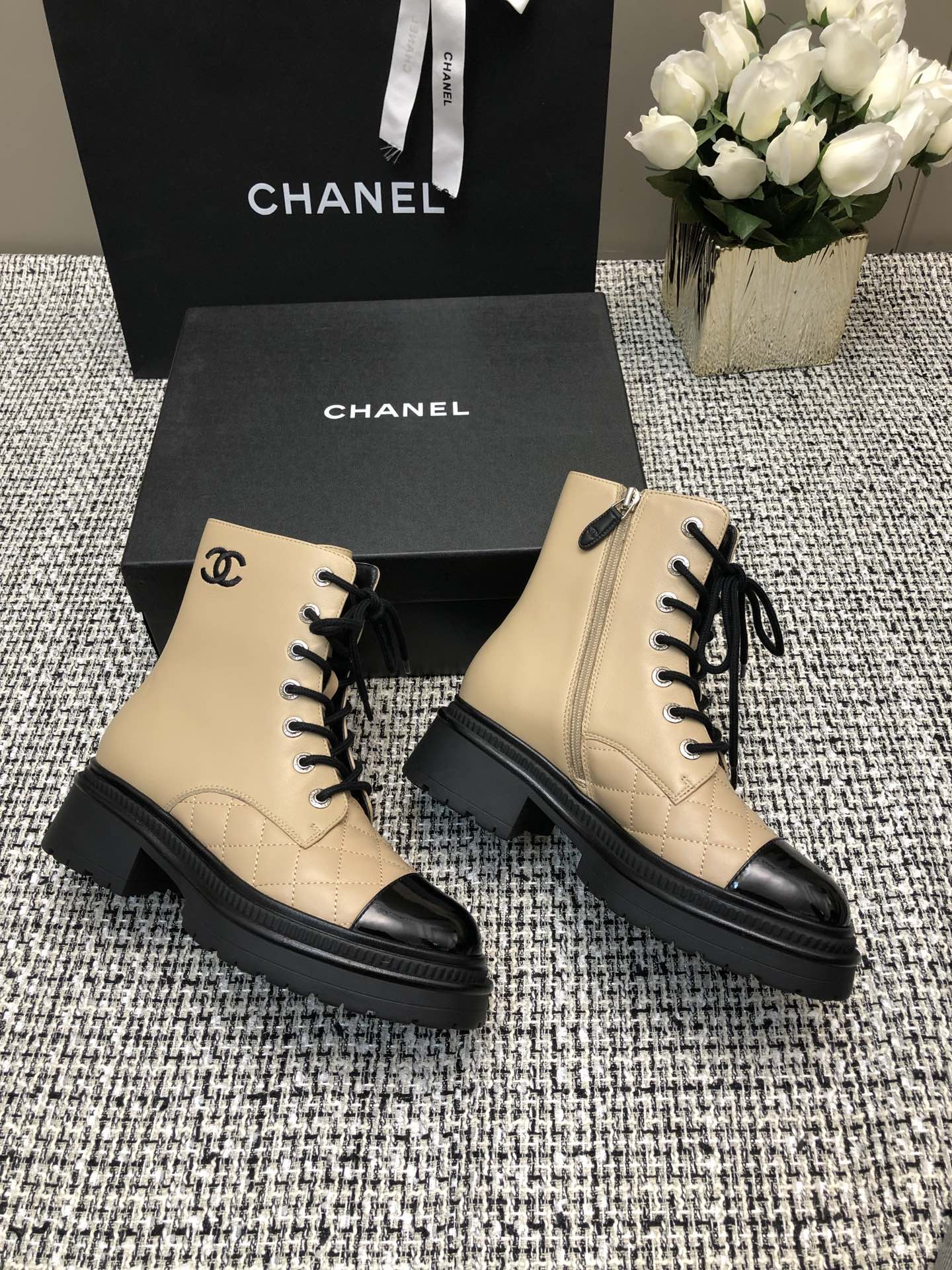 CHANEL SHORT BOOTS  BEIGE CREAM MIX BLACK SUEDE LAMBSKIN