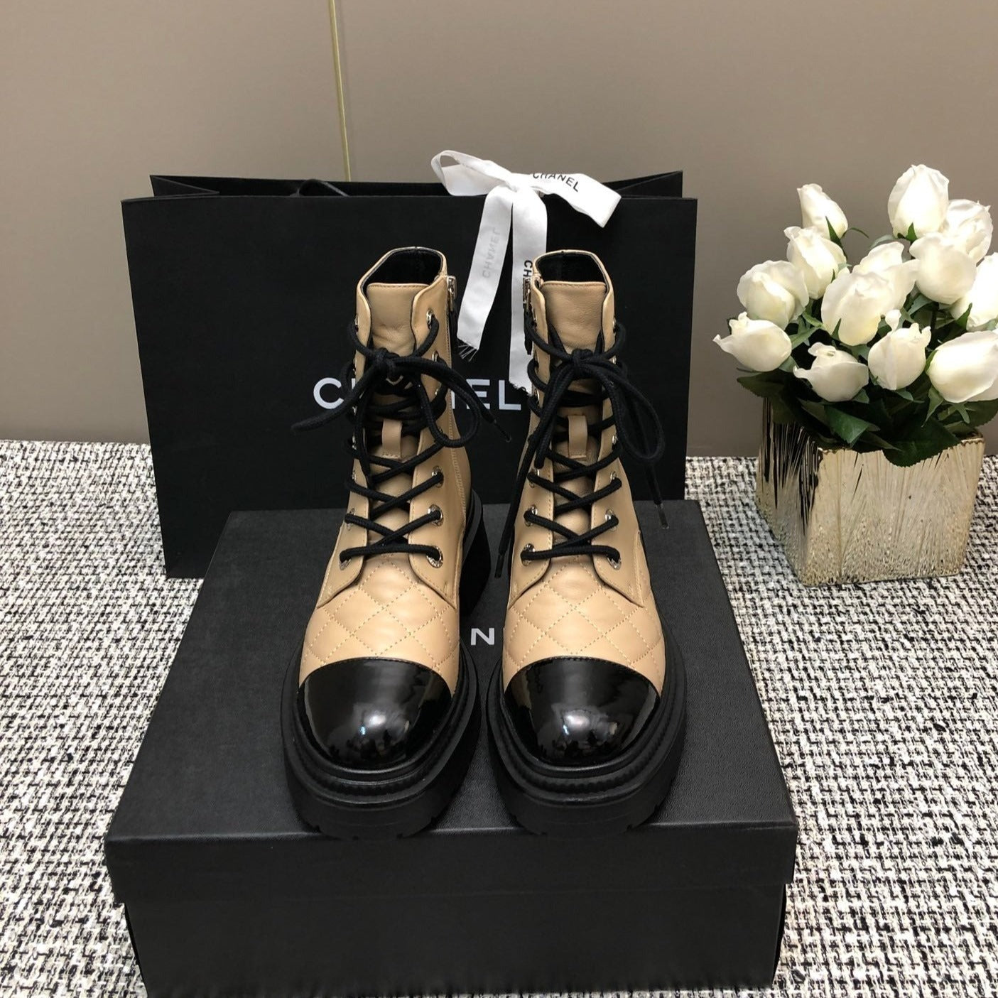 CHANEL SHORT BOOTS  BEIGE CREAM MIX BLACK SUEDE LAMBSKIN