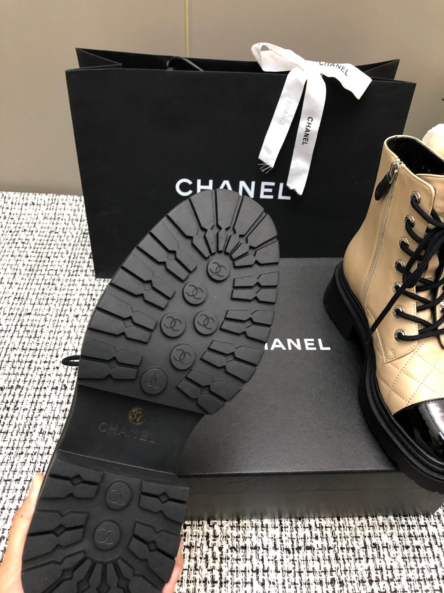 CHANEL SHORT BOOTS  BEIGE CREAM MIX BLACK SUEDE LAMBSKIN