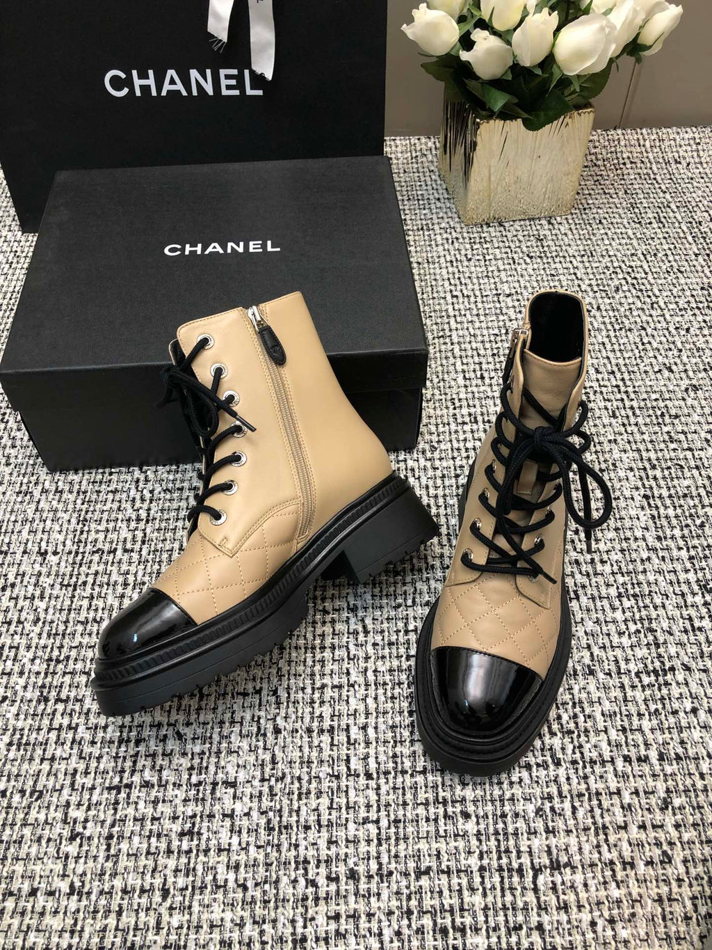 CHANEL SHORT BOOTS  BEIGE CREAM MIX BLACK SUEDE LAMBSKIN