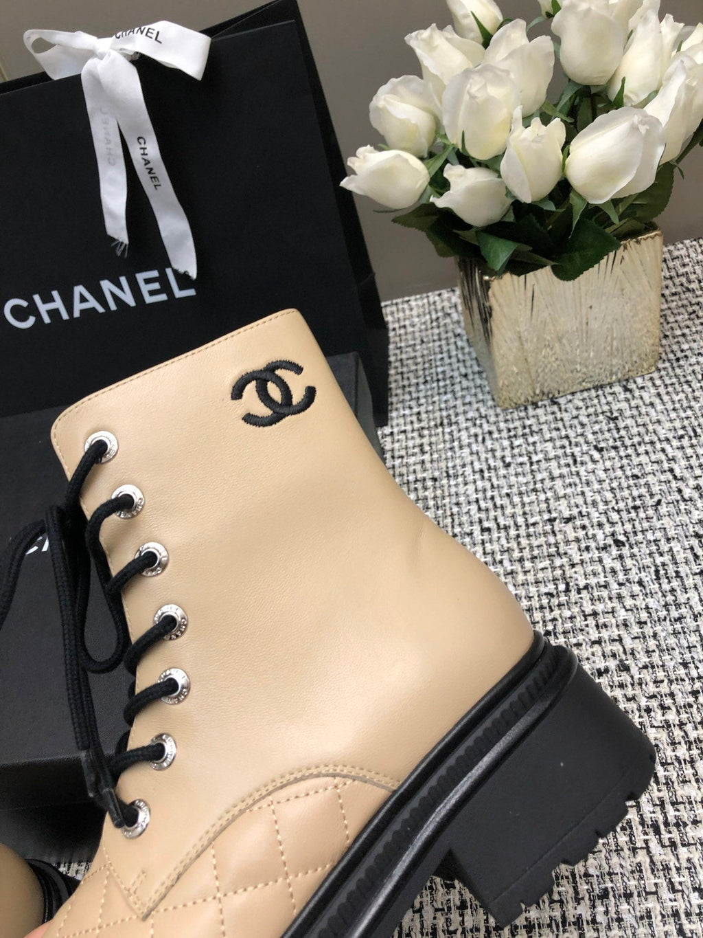 CHANEL SHORT BOOTS  BEIGE CREAM MIX BLACK SUEDE LAMBSKIN