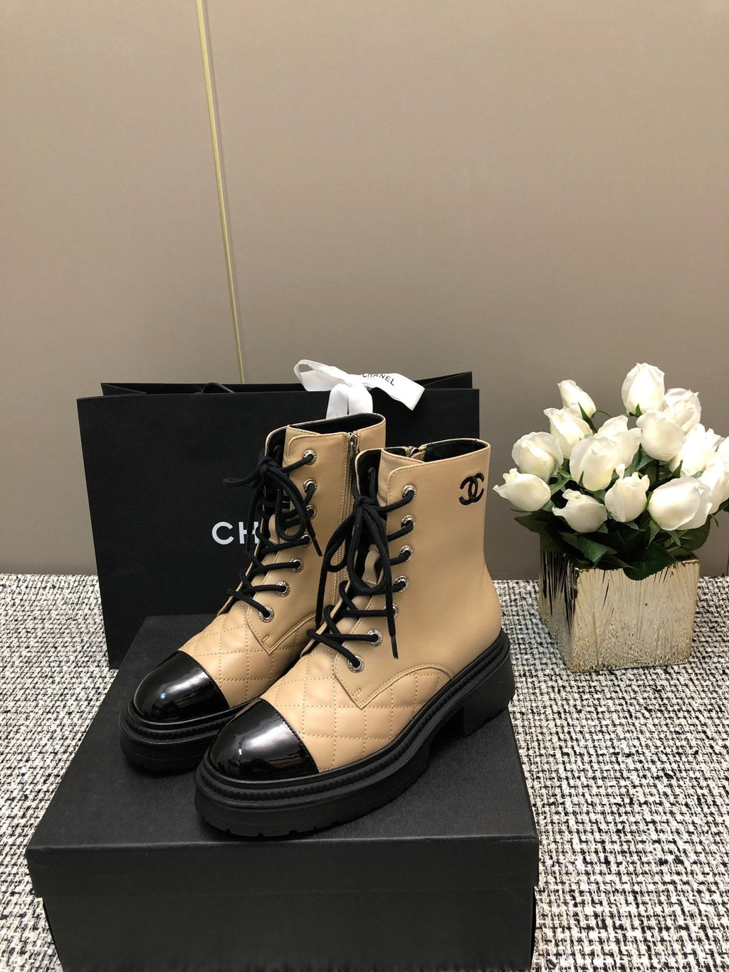 CHANEL SHORT BOOTS  BEIGE CREAM MIX BLACK SUEDE LAMBSKIN