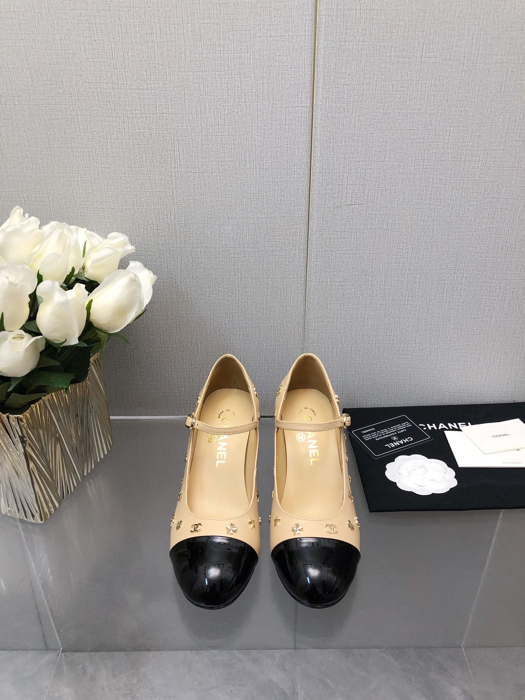 CHANEL MARY JANE BEIGE CREAM MIX BLACK LAMBSKIN ATTACH METAL