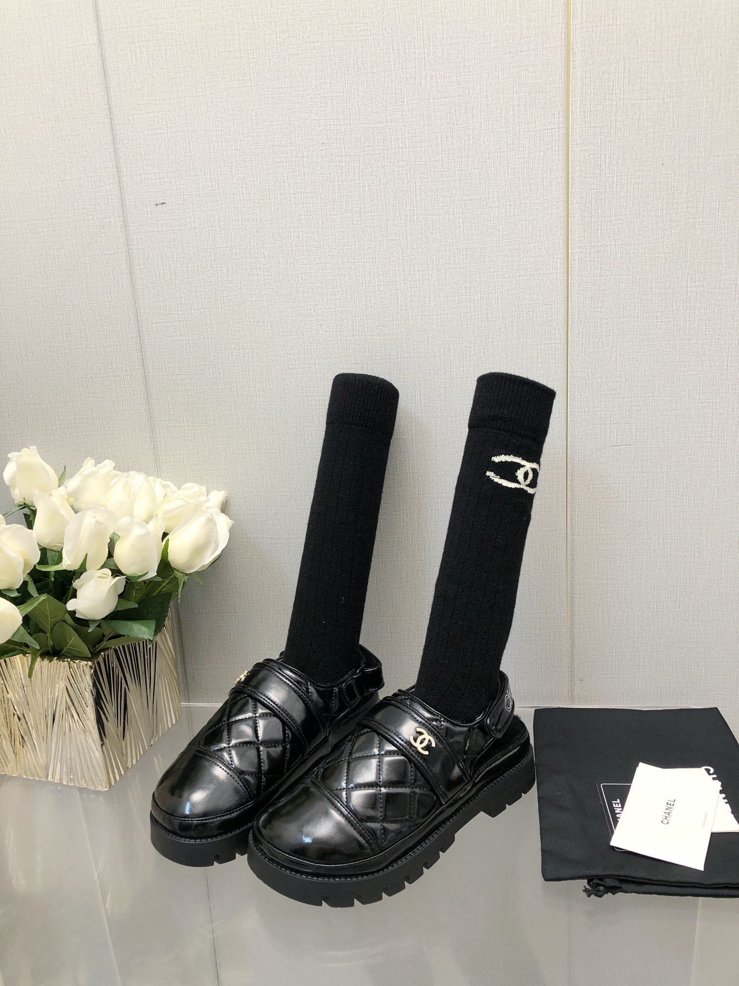 CHANEL CHUNKY PLATFORM SHEARLING SLIPPER BLACK LAMBSKIN