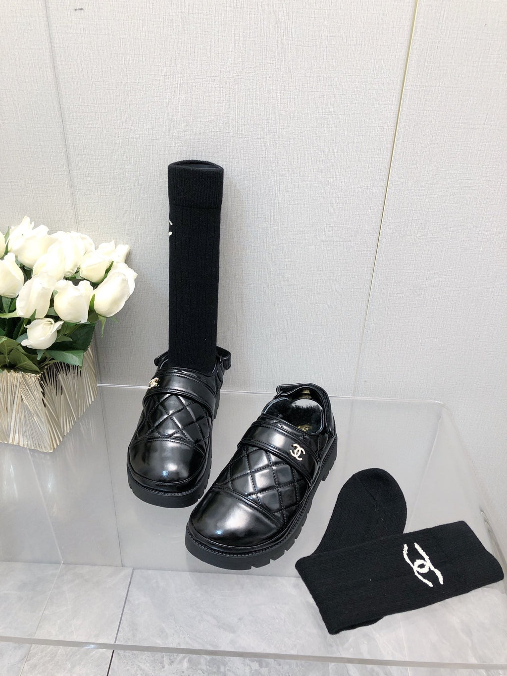 CHANEL CHUNKY PLATFORM SHEARLING SLIPPER BLACK LAMBSKIN