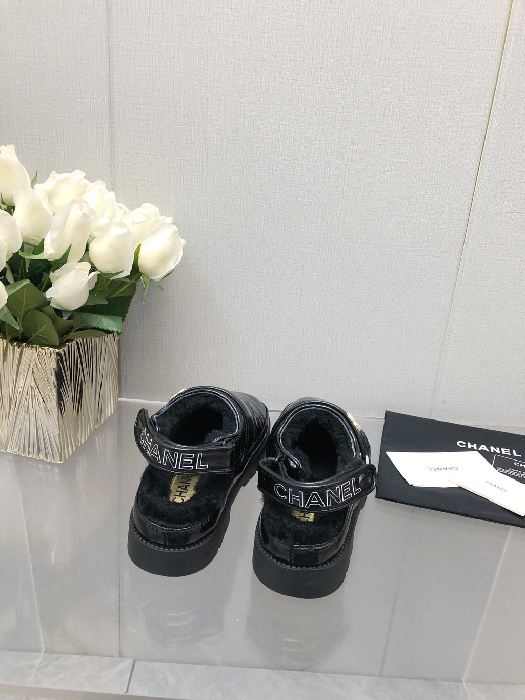 CHANEL CHUNKY PLATFORM SHEARLING SLIPPER BLACK LAMBSKIN