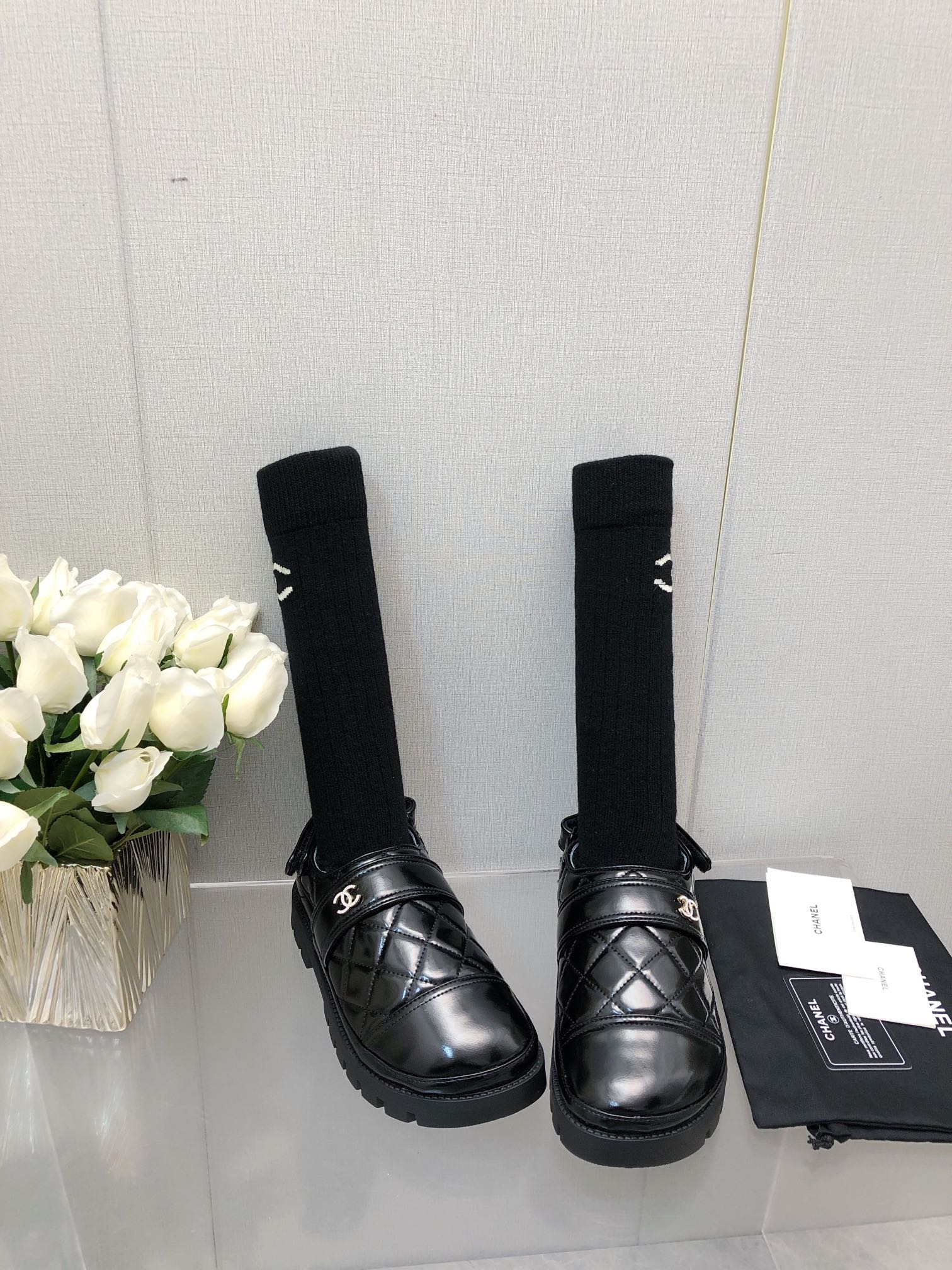 CHANEL CHUNKY PLATFORM SHEARLING SLIPPER BLACK LAMBSKIN