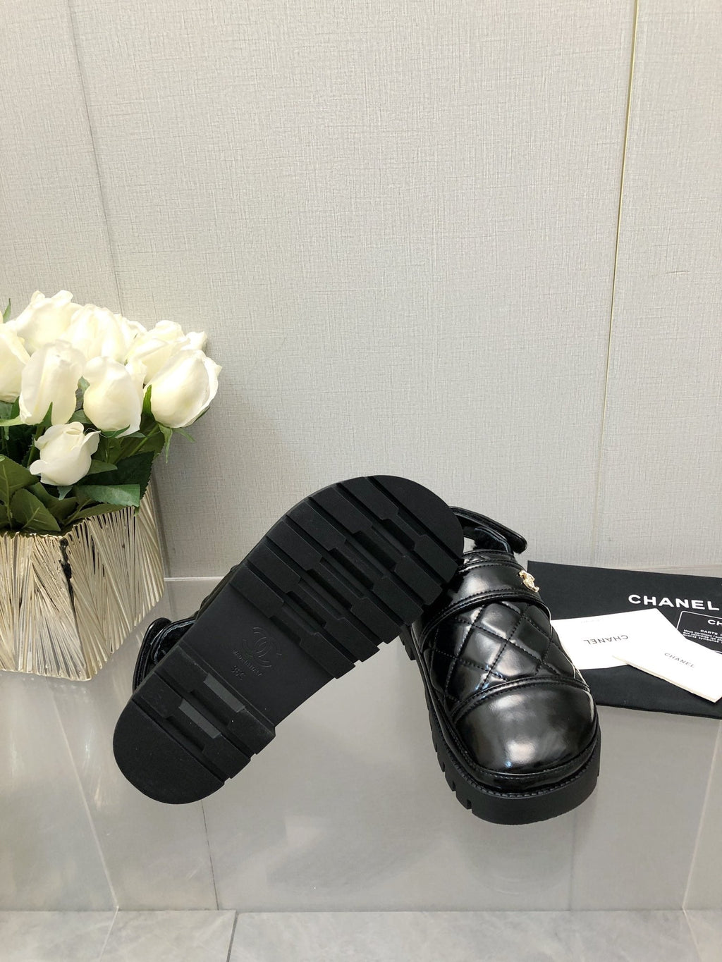 CHANEL CHUNKY PLATFORM SHEARLING SLIPPER BLACK LAMBSKIN
